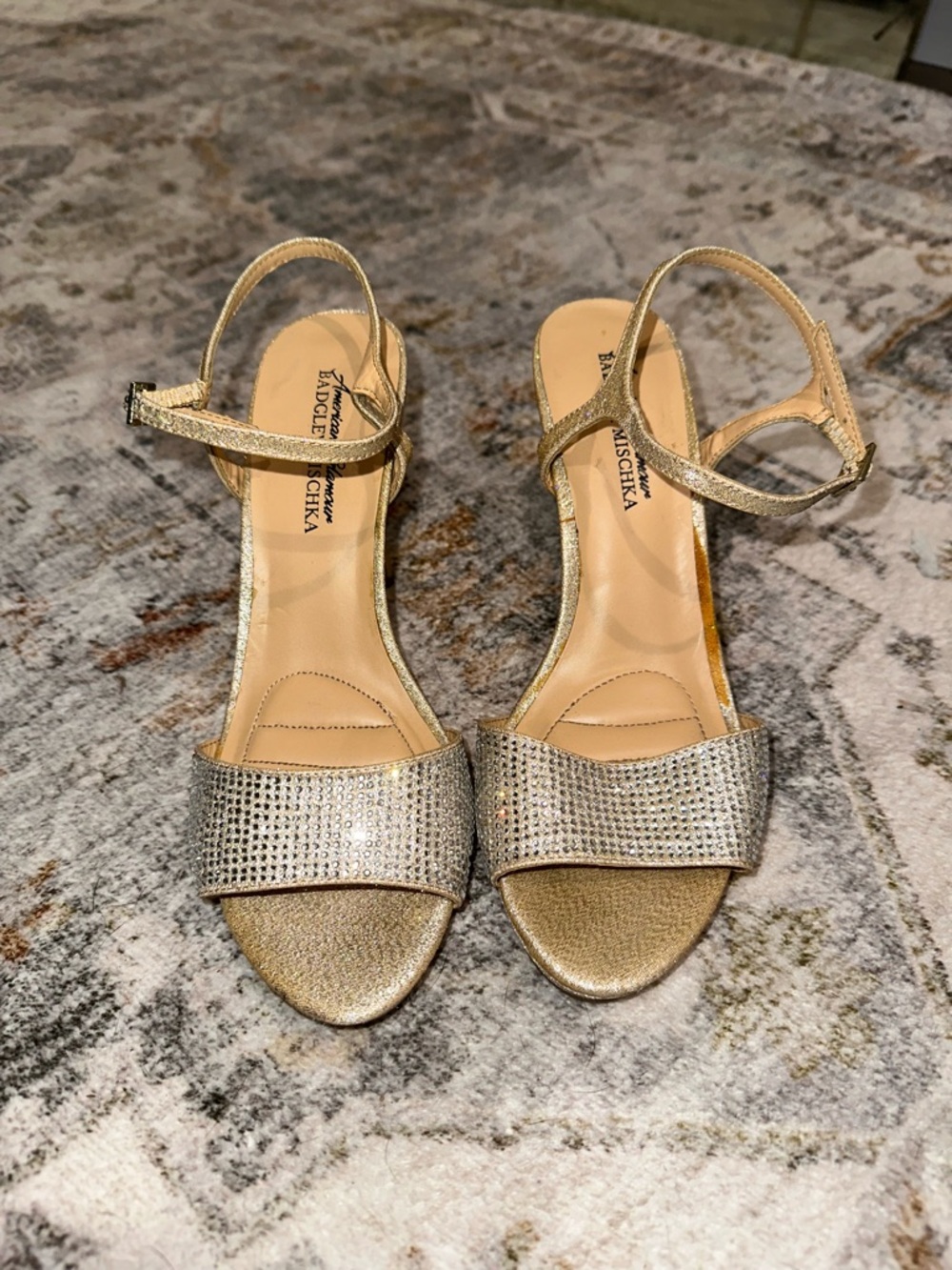Badgley Mischka Metallic Gold Jeweled Ankle-Strap Sandals